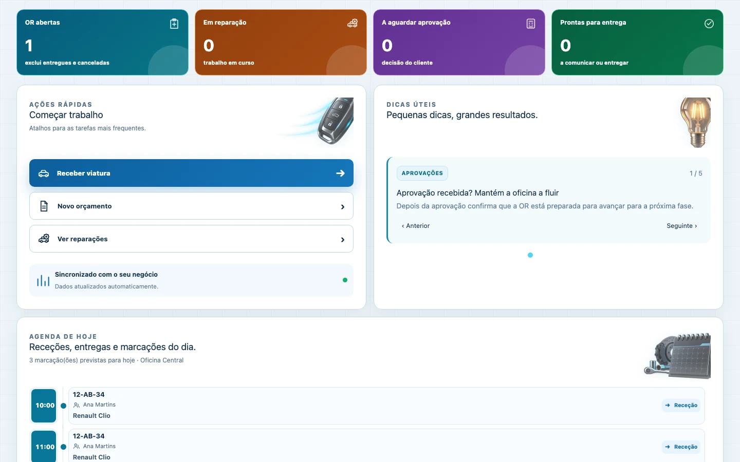 Captura real da aplicação SynkrAuto: Dashboard